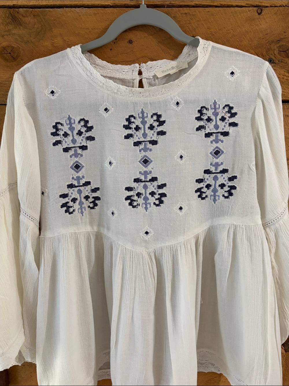 Rebellion White Blouse with Navy and Light Blue Embroidery